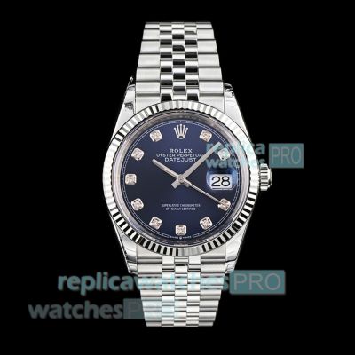 B Factory Swiss Replica Rolex Datejust 36mm Blue Diamond Dial 904L Stainless Steel Watch 